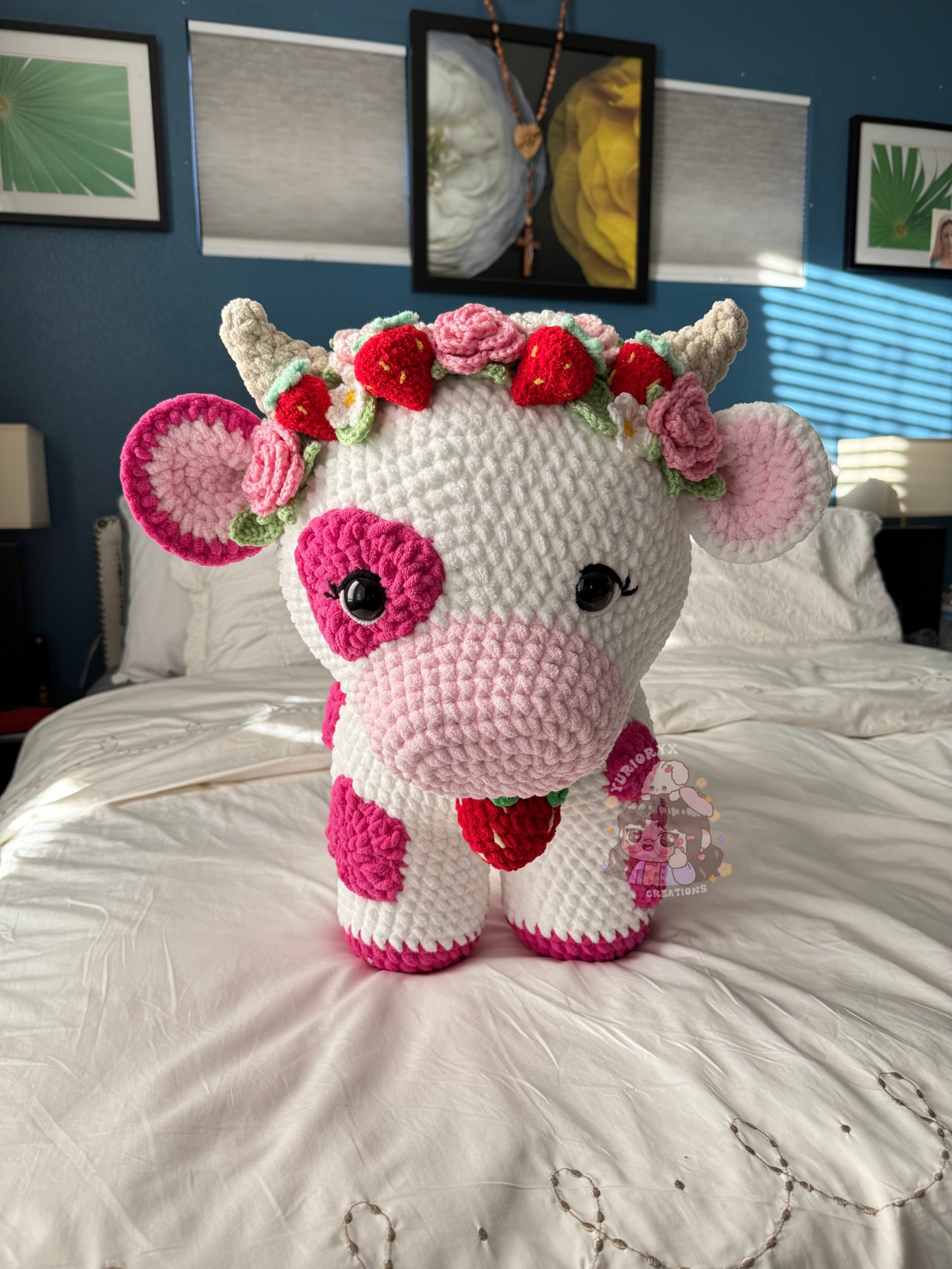 Crochet Mega Jumbo Strawberry Cow w/ Flower crown 🍓🐮