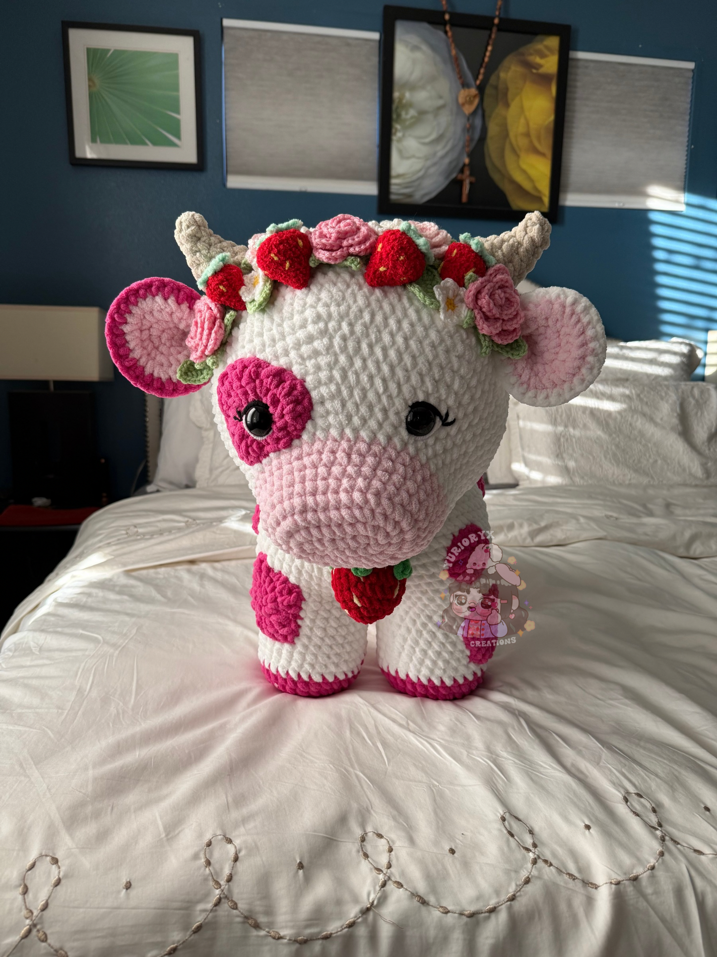 Crochet Mega Jumbo Strawberry Cow w/ Flower crown 🍓🐮