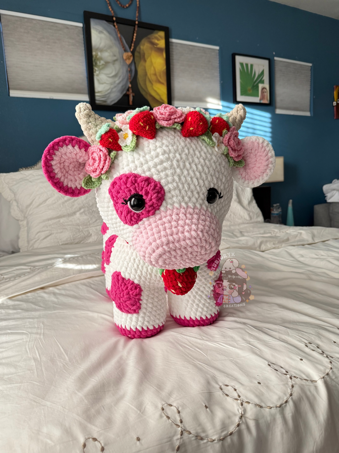 Crochet Mega Jumbo Strawberry Cow w/ Flower crown 🍓🐮