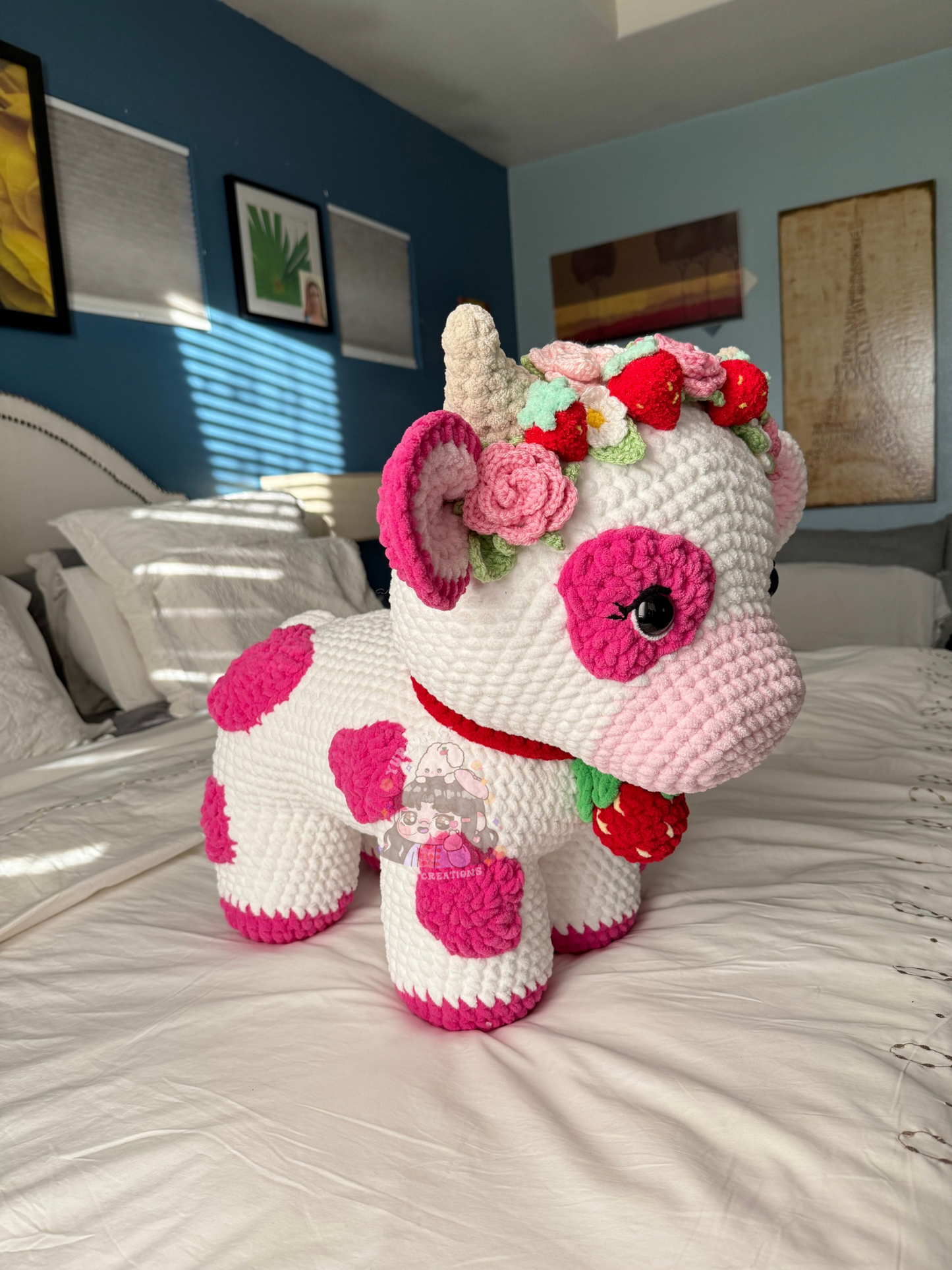 Crochet Mega Jumbo Strawberry Cow w/ Flower crown 🍓🐮