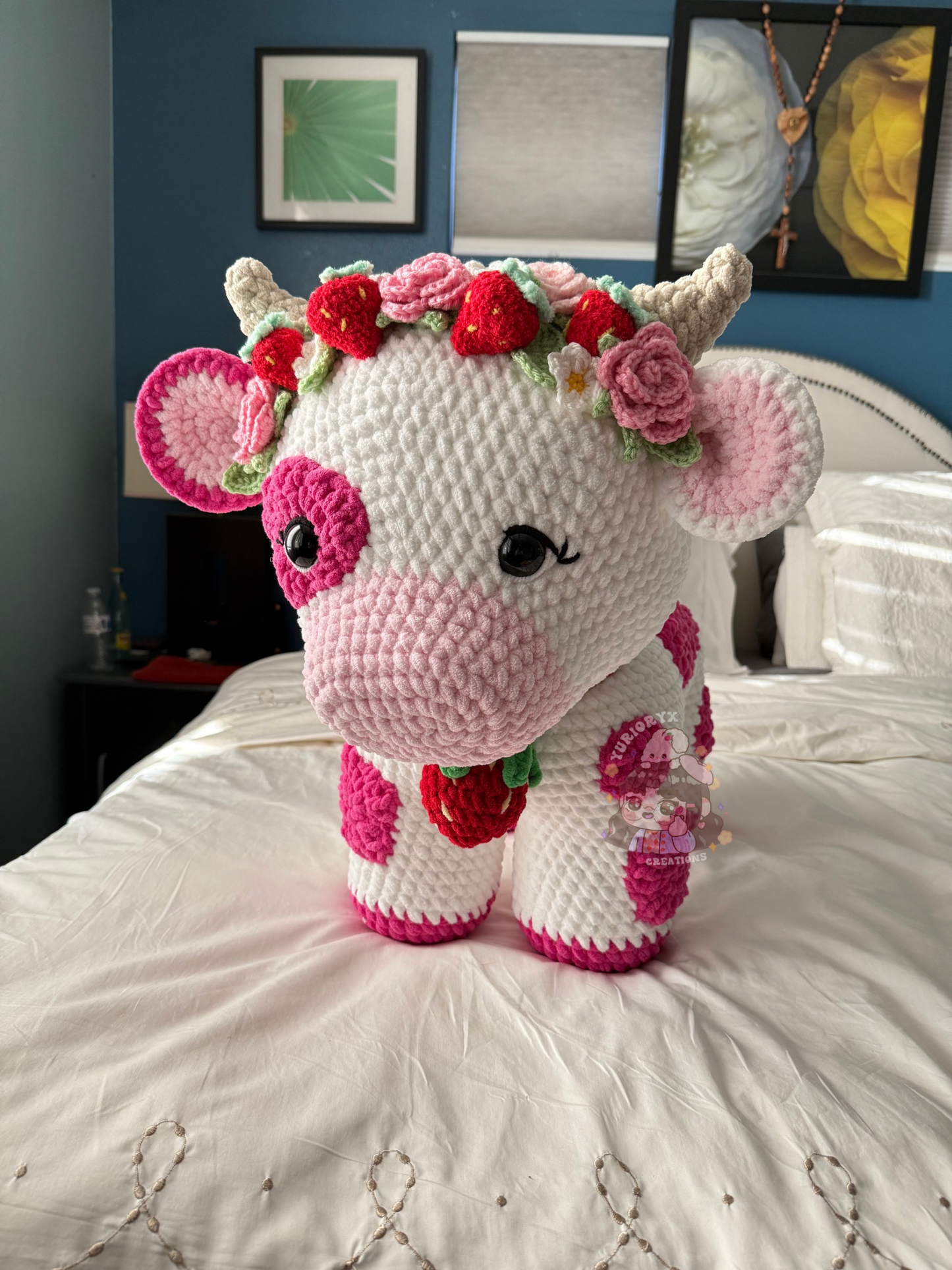 Crochet Mega Jumbo Strawberry Cow w/ Flower crown 🍓🐮
